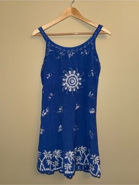 Raya Sun Vintage 90’s Blue Sundress M Palm Tree Embroidery Sequins Summer Comfy